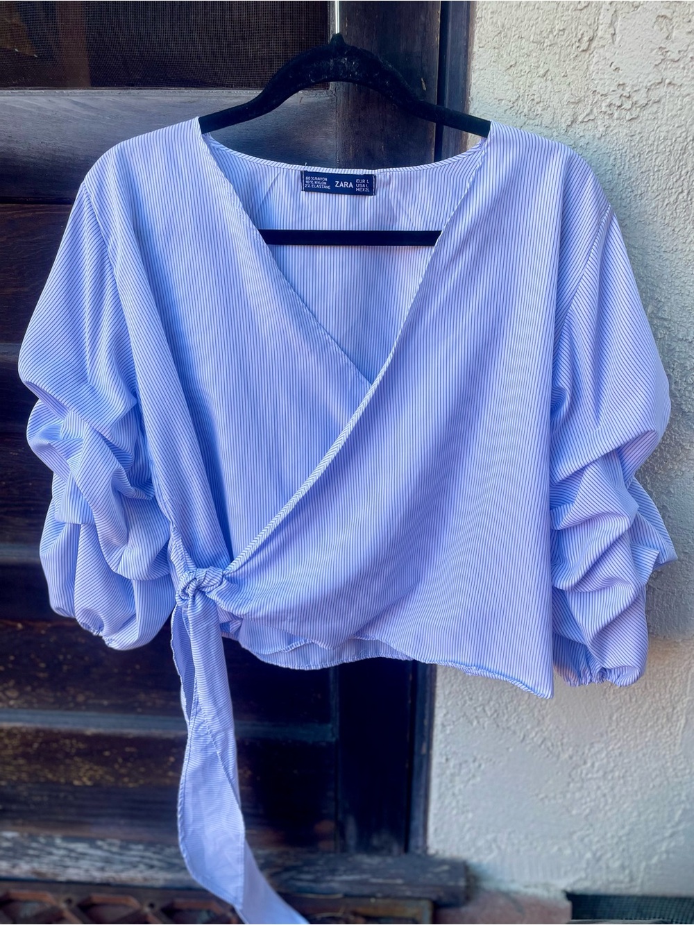 Zara Light Blue Striped Wrap Top with Tie - Picture 2 of 5